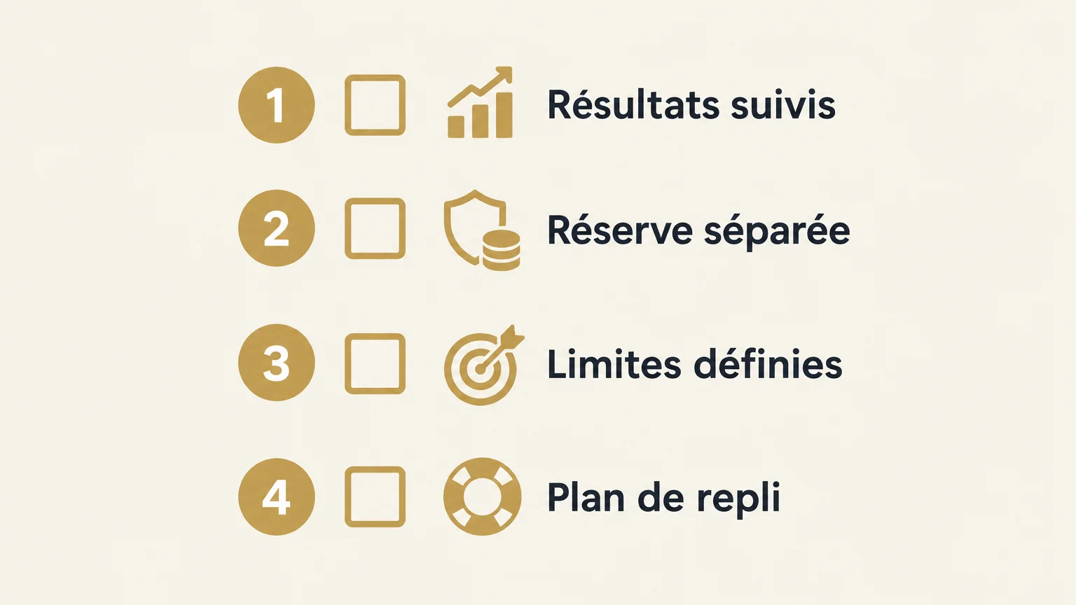 Checklist illustrée : suivre les résultats, séparer sa réserve, définir ses limites et garder un plan de repli.