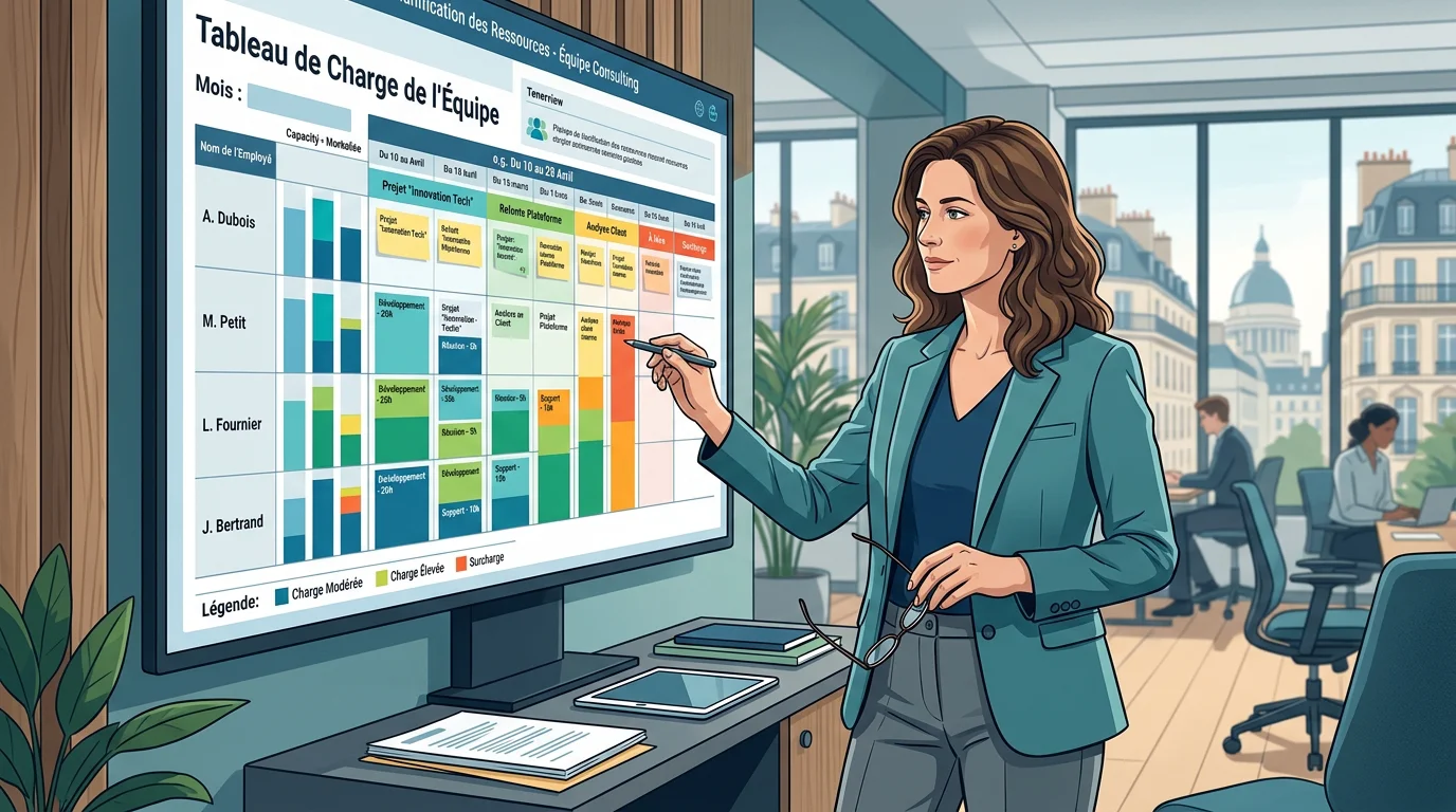 Manager analysant la répartition de la charge de travail d'une équipe de consultants