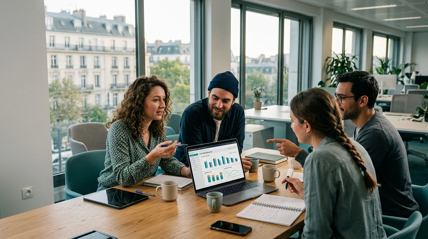 Équipe comparant un tableur et un logiciel de plan de charge sur un ordinateur portable