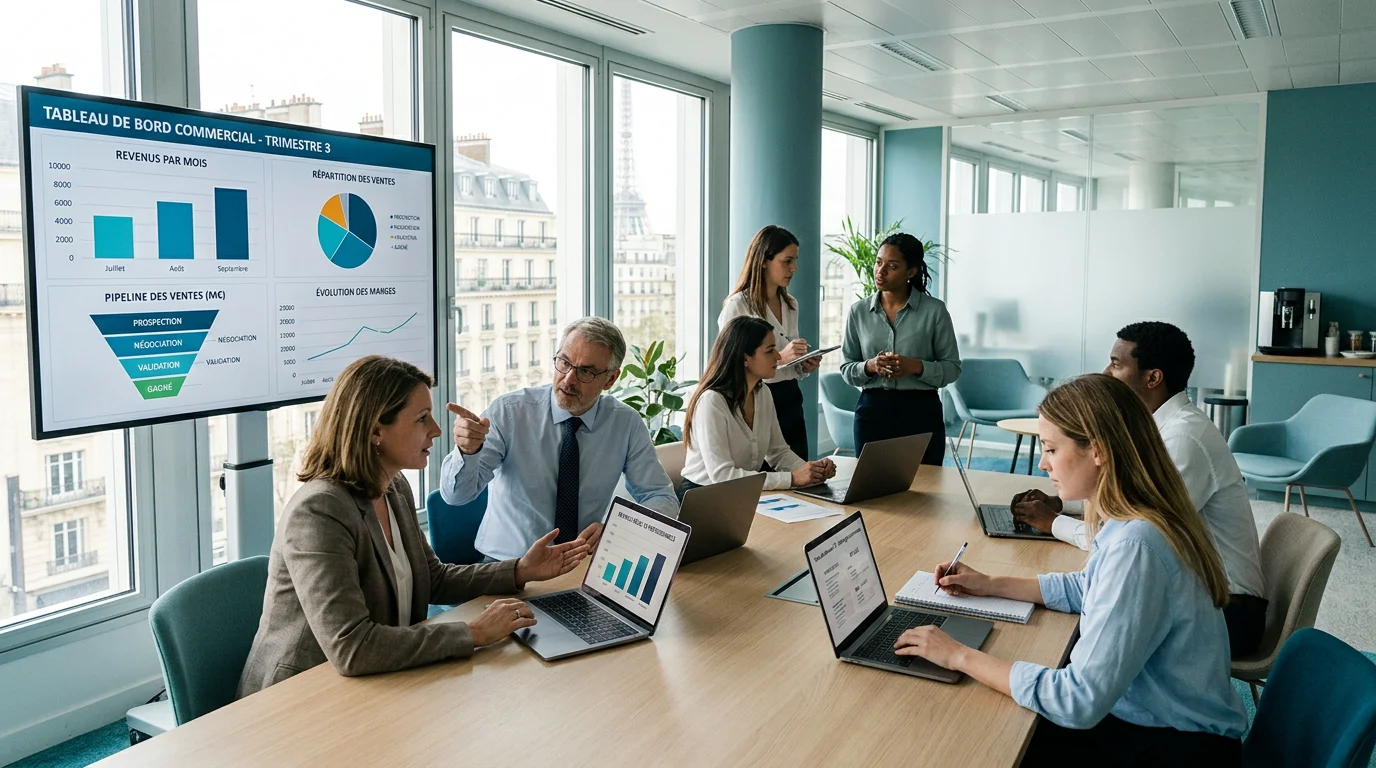 Équipe européenne analysant des tableaux de bord de gestion sur des écrans dans un bureau lumineux