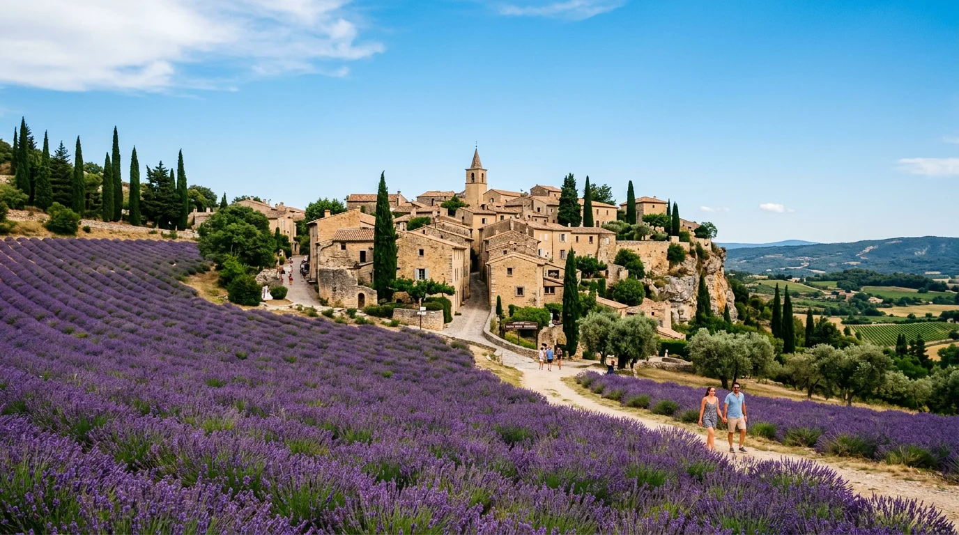 Village provençal et champs de lavande dans le Luberon près de Lagnes