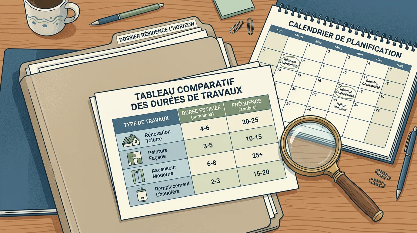 Dossier de diagnostics immobiliers avec un tableau de durées de validité posé sur un bureau