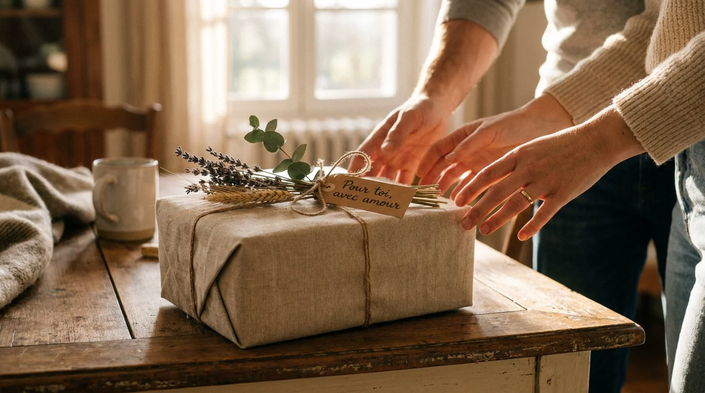 Cadeau de mariage joliment emballé sur une table en bois avec des fleurs séchées