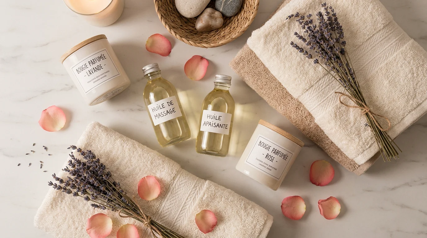 Composition flat lay de produits bien-être pour couple avec bougies et huile de massage