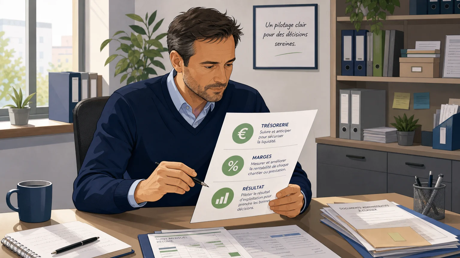 Dirigeant analysant la trésorerie, les marges et le résultat de son entreprise