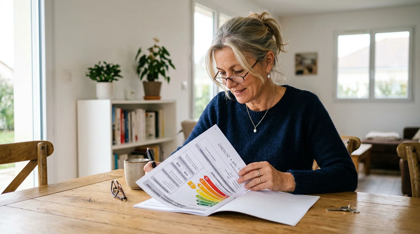 Propriétaire consultant un diagnostic de performance énergétique avec étiquette de A à G