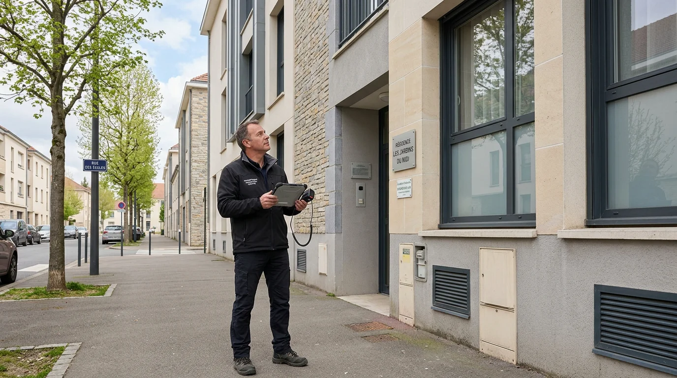 Diagnostiqueur certifié inspectant un immeuble pour un DPE collectif