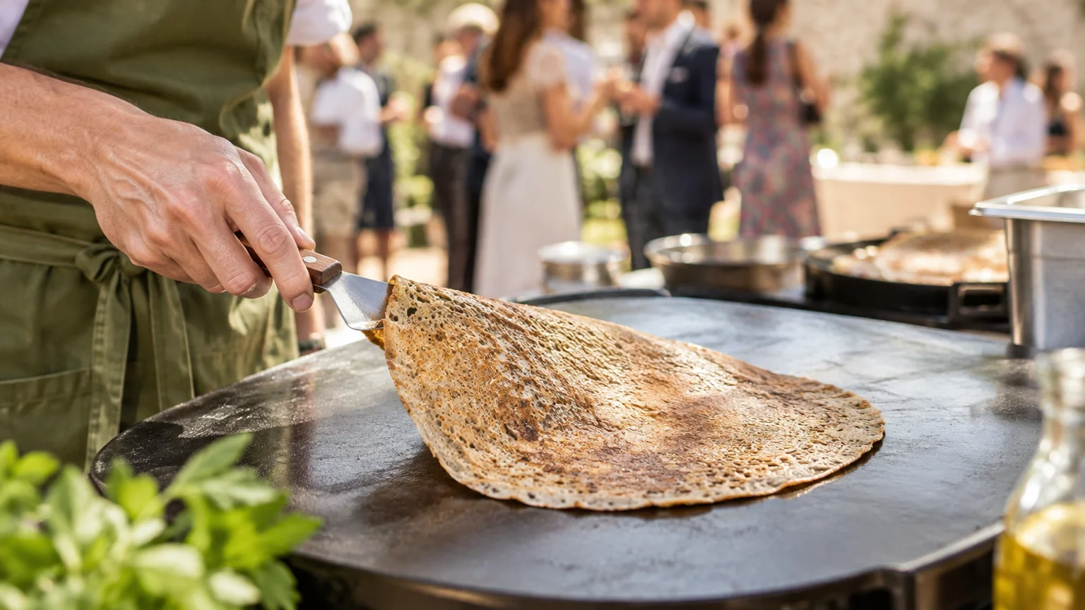 Préparation d’une galette de sarrasin pendant une réception