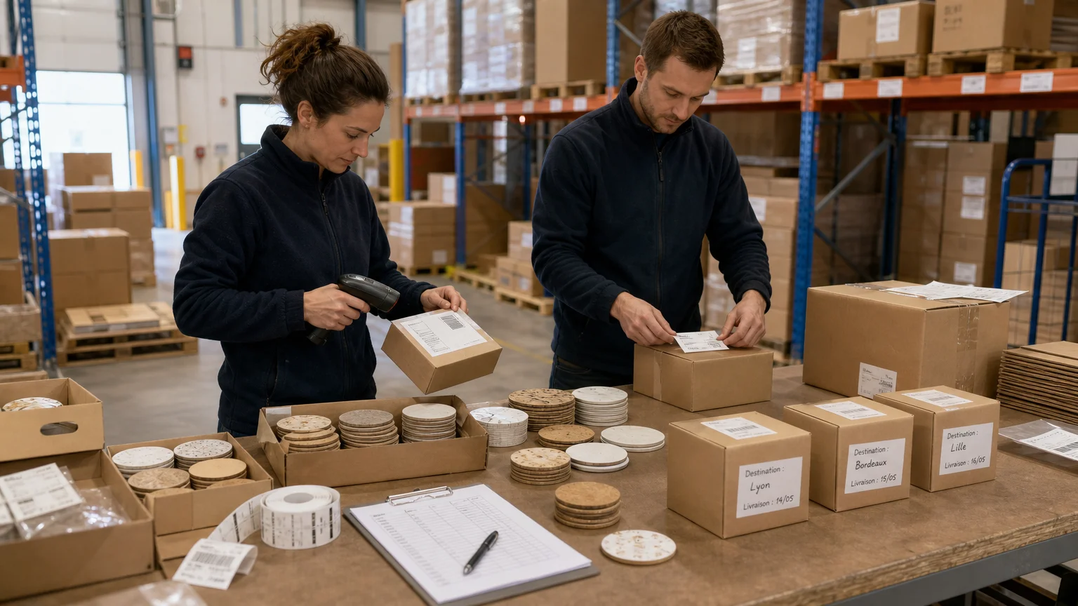 Préparation logistique de sous-verres publicitaires pour plusieurs destinations