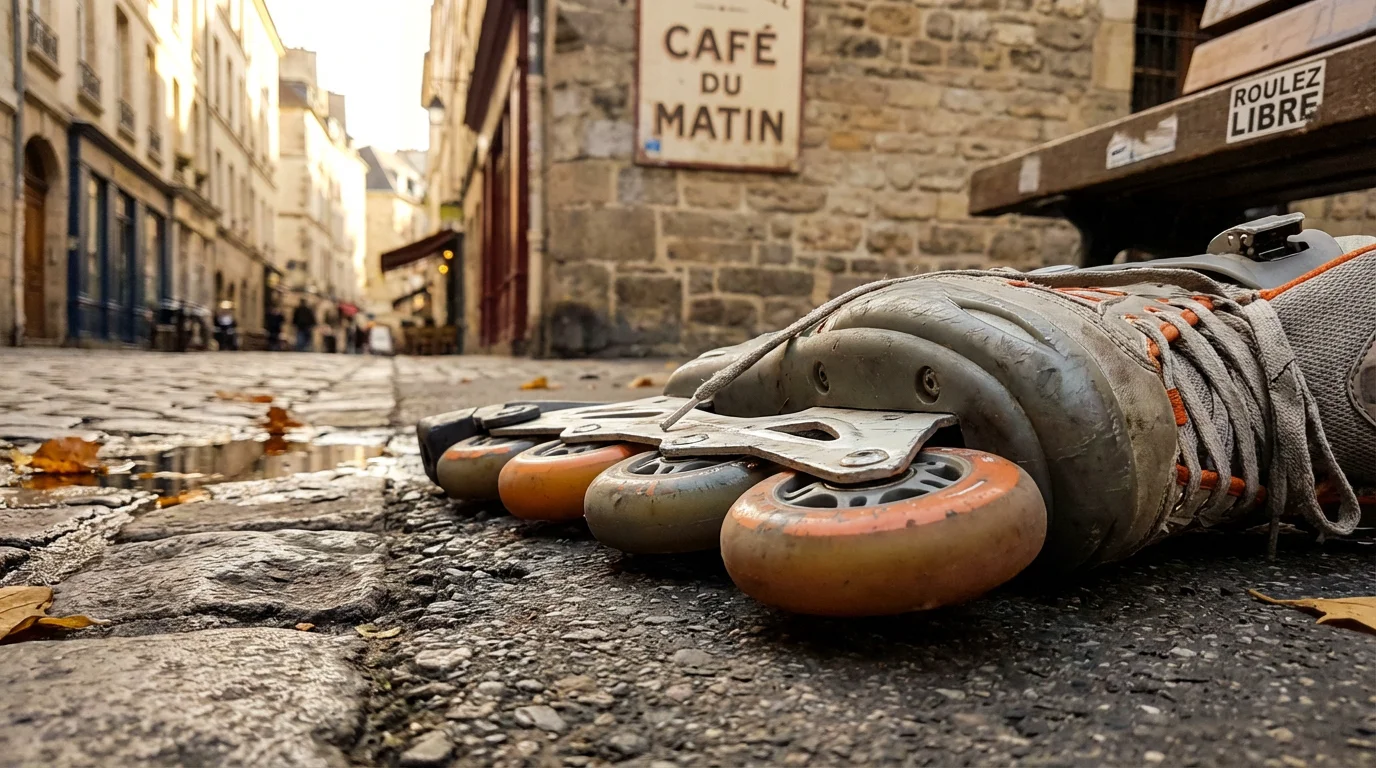 Roues de roller freeride sur asphalte urbain en gros plan