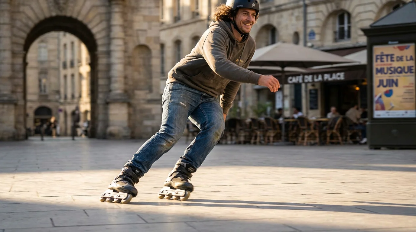 Patineur freeride en dérapage sur une place urbaine en France