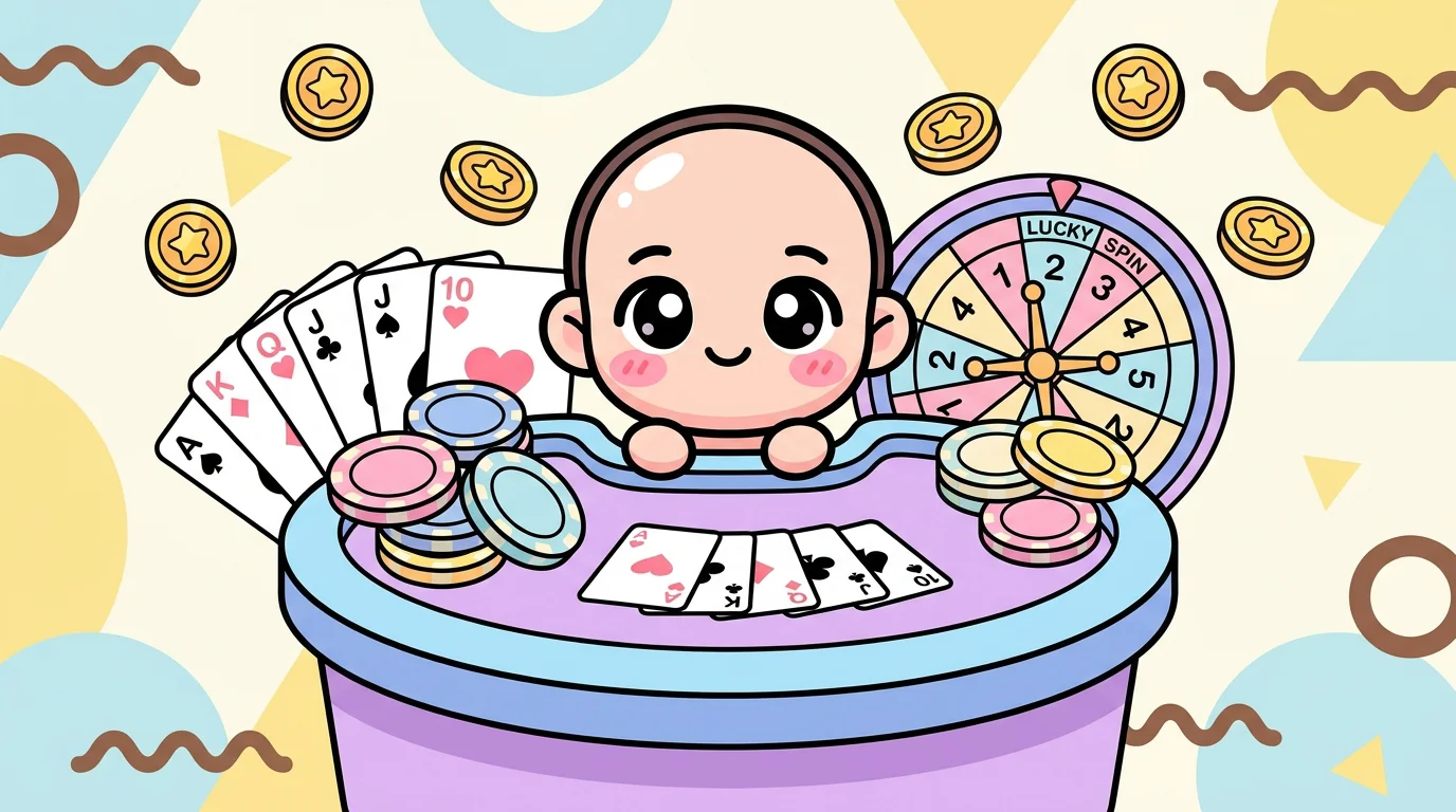 Cheerful chibi cartoon character at a colorful casino table with oversized chips, cards, roulette wheel, and floating coins