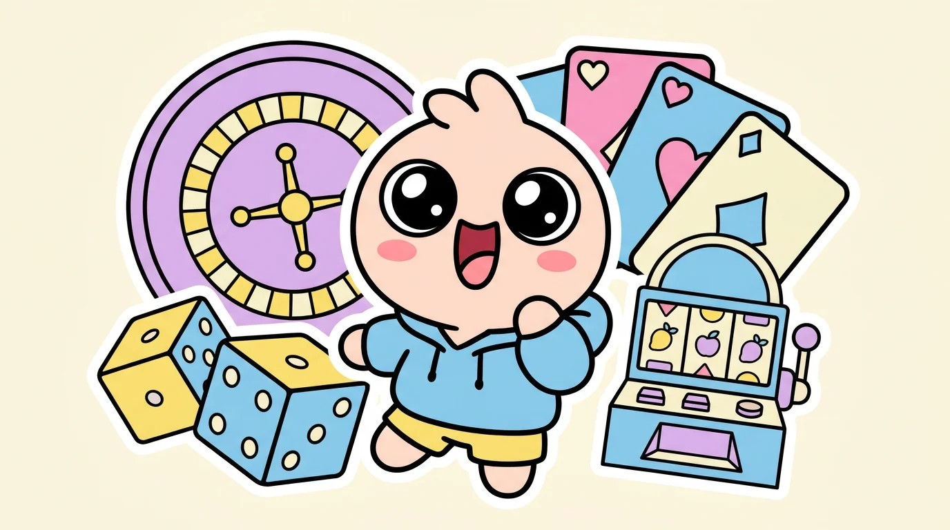 Cute cartoon character surrounded by colorful casino game icons including roulette wheel, cards, dice, and slot machine