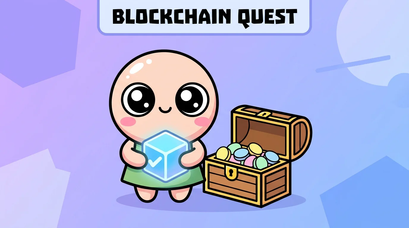 Happy cartoon character holding a blockchain verification cube next to an overflowing treasure chest of coins