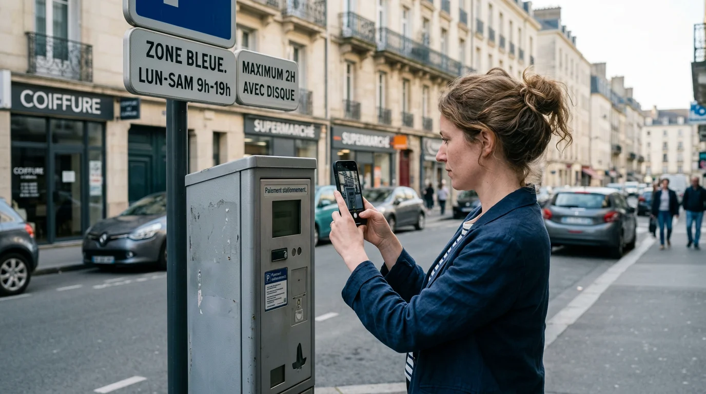 Personne photographiant un horodateur pour constituer une preuve de stationnement horodatée