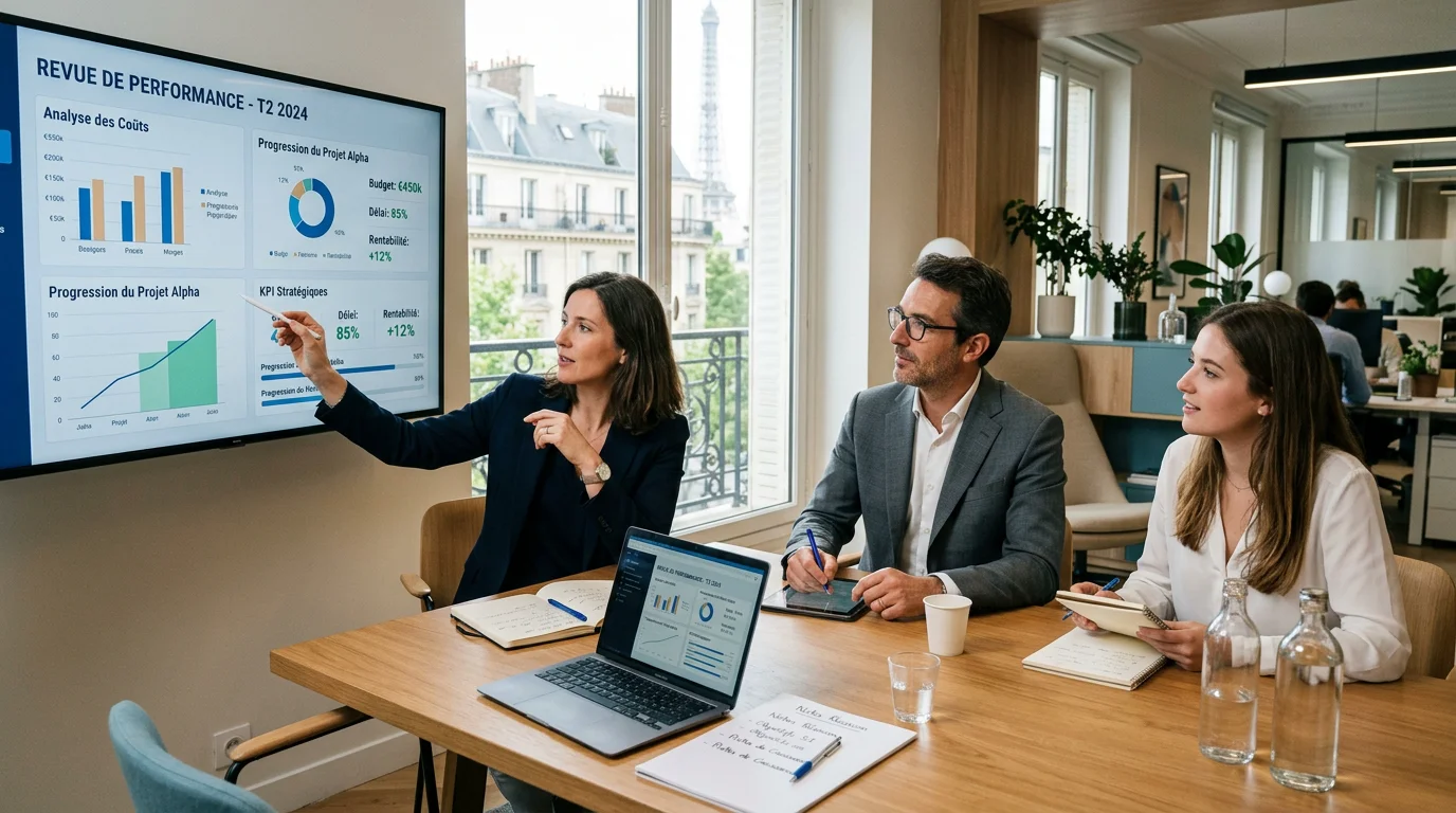 Équipe européenne de consultants collaborant autour de tableaux de bord de projet