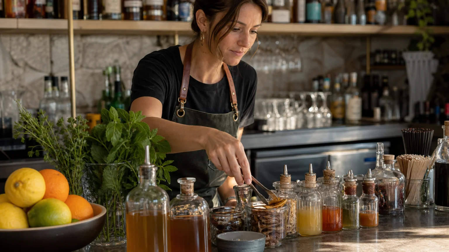 Bartender sélectionnant des ingrédients frais pour un cocktail de saison