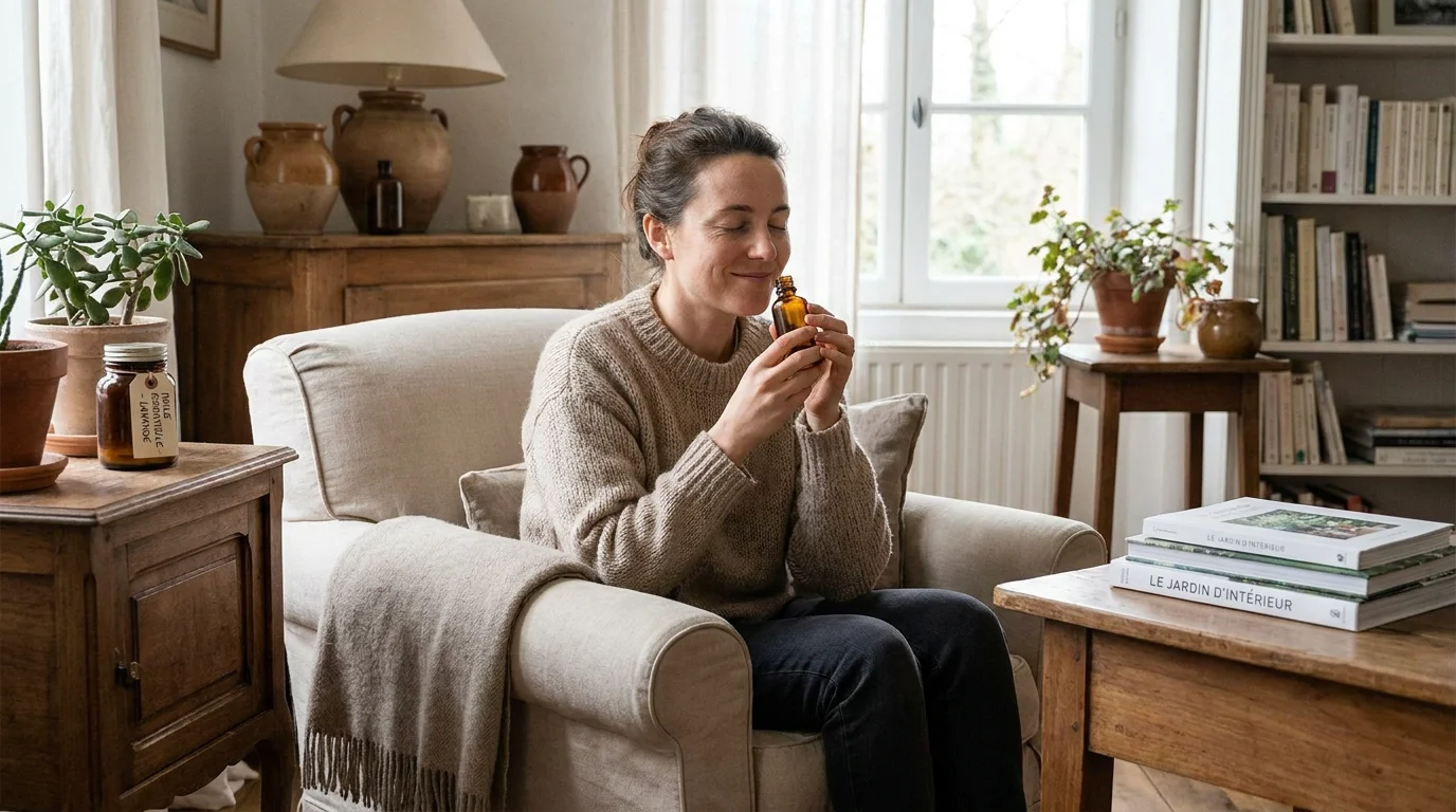 Personne respirant un flacon d'huile essentielle à domicile pour prolonger l'effet de la séance