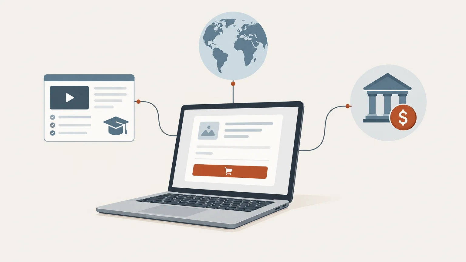 Editorial illustration of a digital creator comparing international payment routes