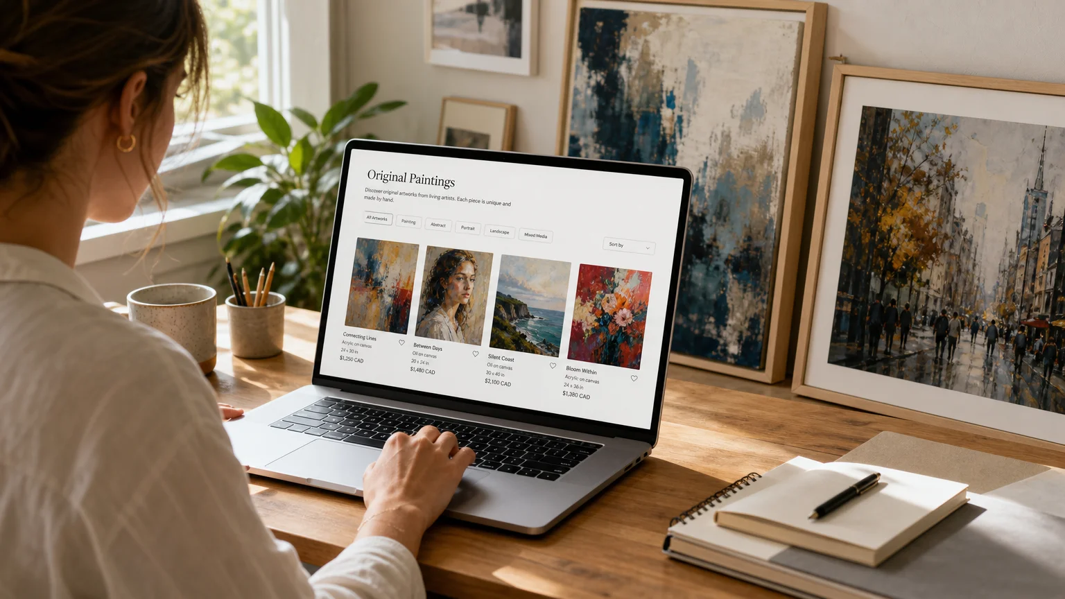Collector browsing original artworks online at a home desk
