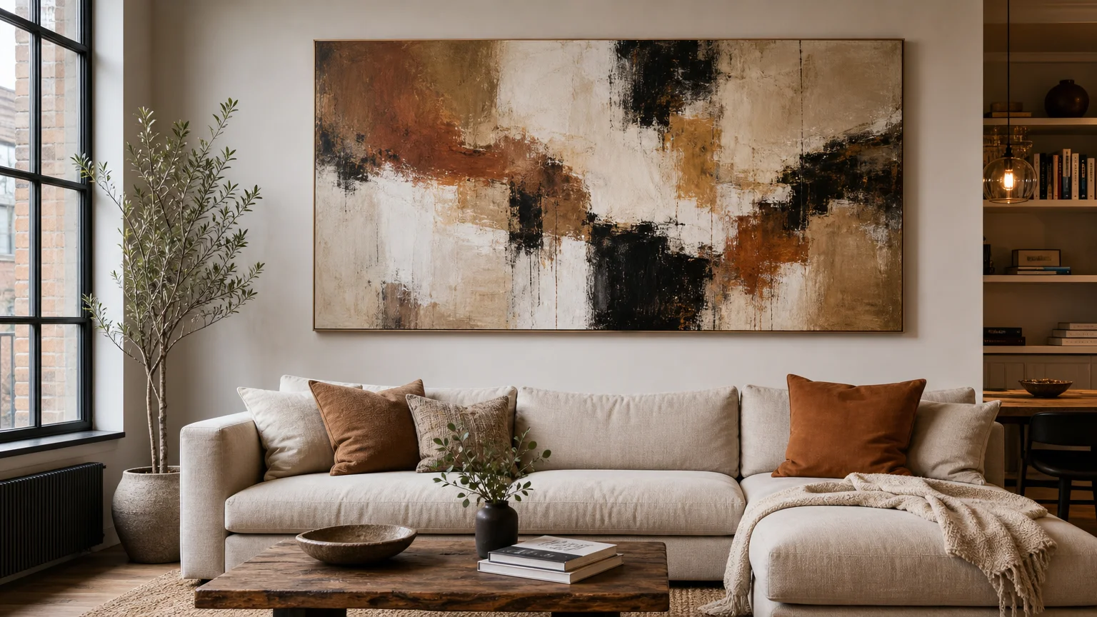 Original hand-painted canvas displayed above a living room sofa