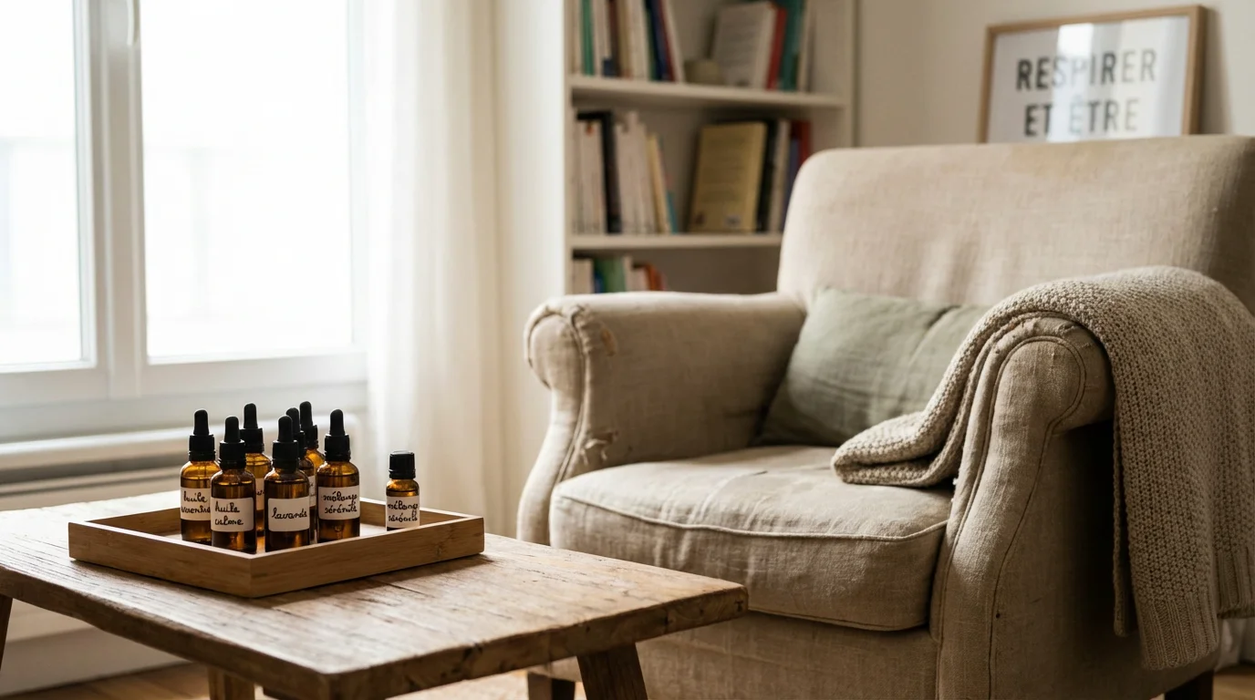 Flacons d'huiles essentielles disposés sur un plateau en bois dans un cabinet de thérapeute