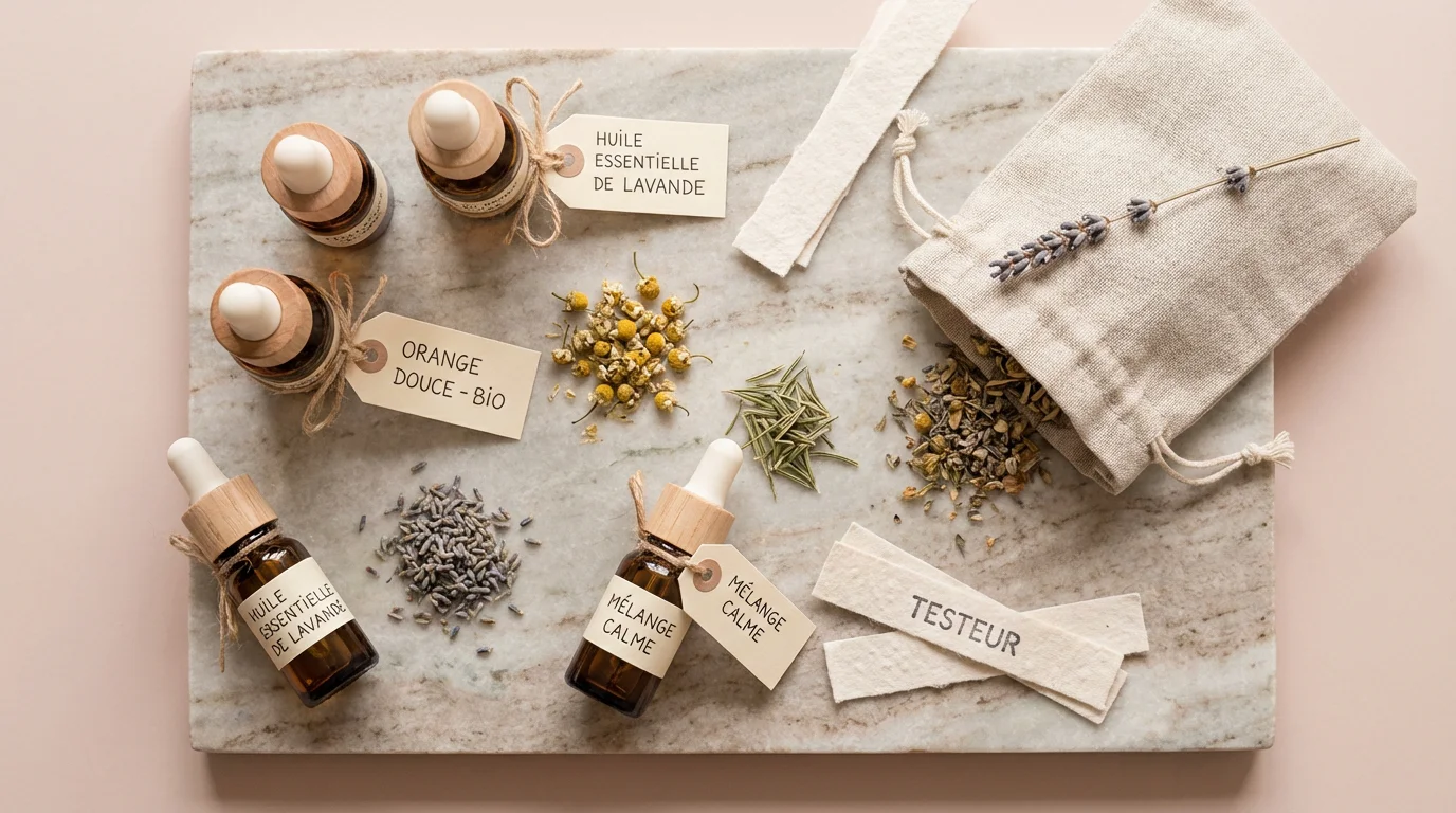 Vue aérienne de flacons d'huiles essentielles et de touches olfactives disposés sur une surface claire
