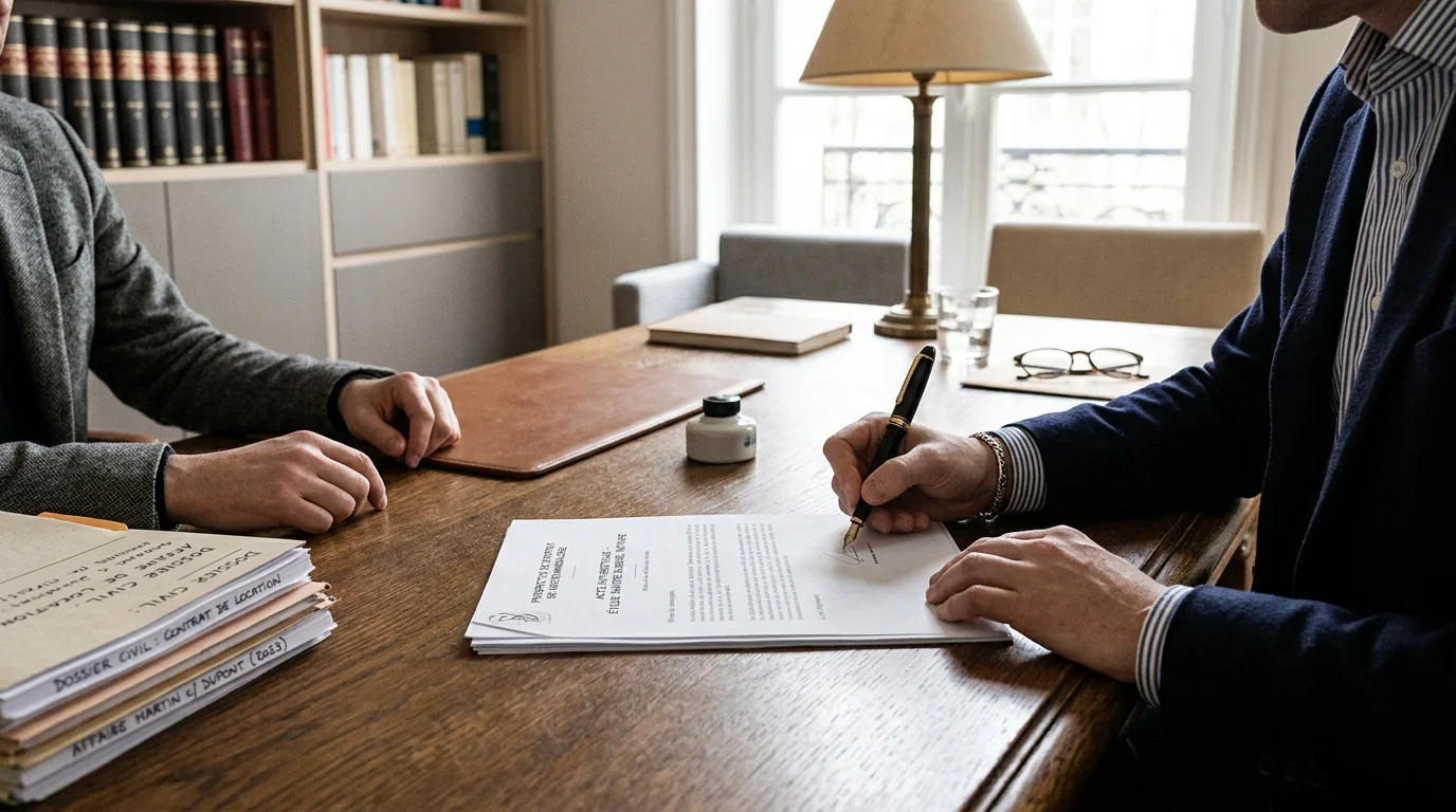 Mains signant des documents juridiques dans un cabinet d'avocat à Paris