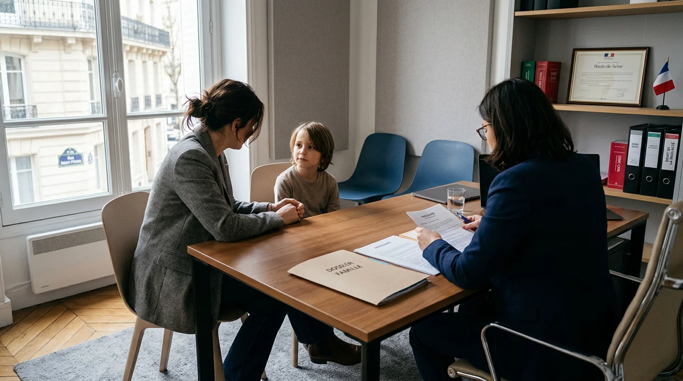 Parent et enfant en discussion dans un cabinet d'avocat parisien