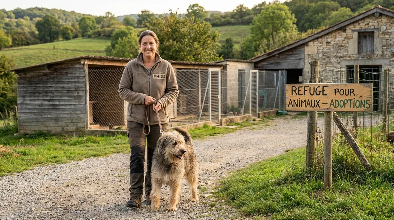 Bénévole promenant un chien dans un refuge animalier en France