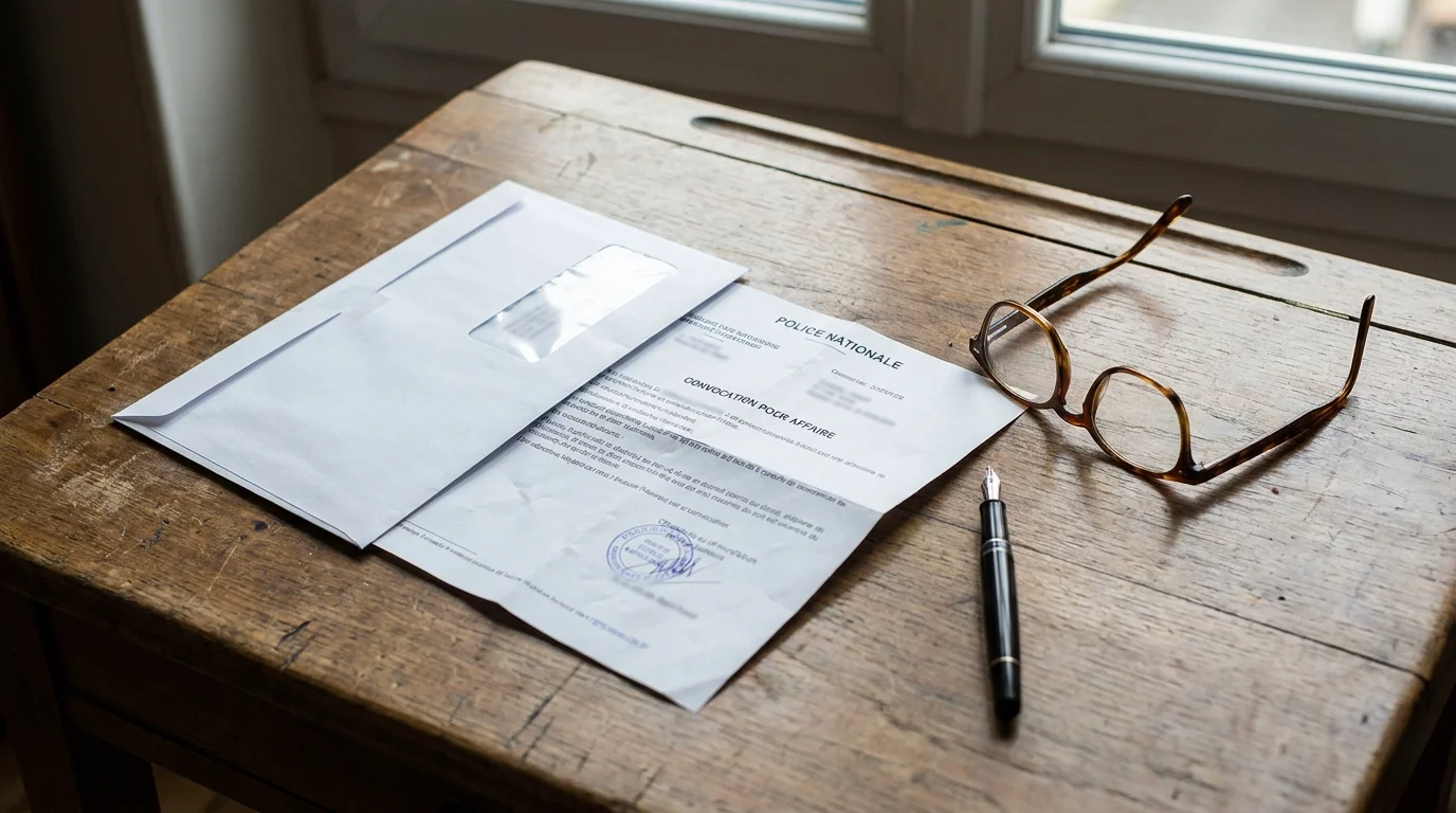 Convocation de la police posée sur un bureau avec des lunettes et un stylo