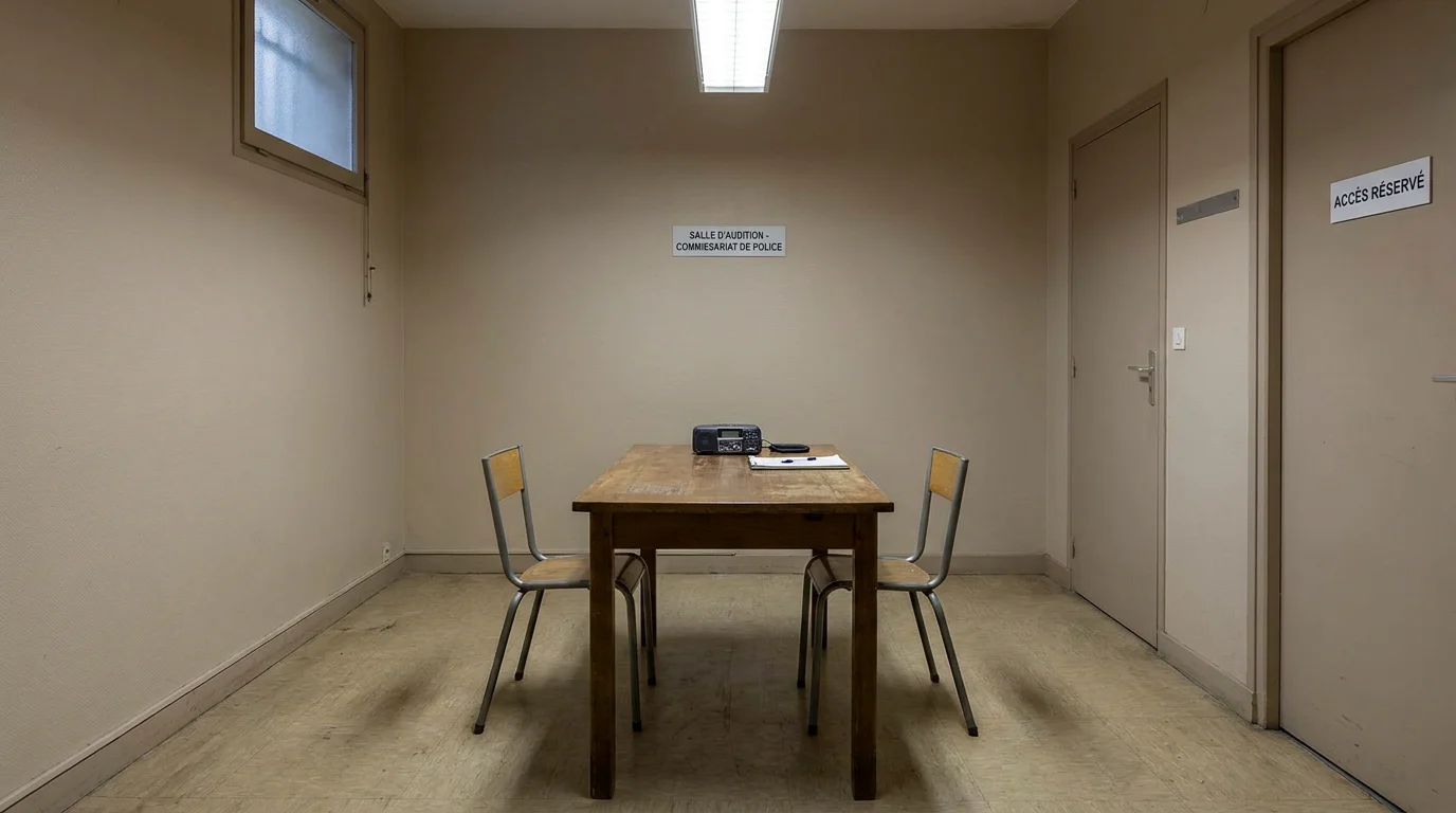 Salle d'audition vide dans un commissariat de police en France