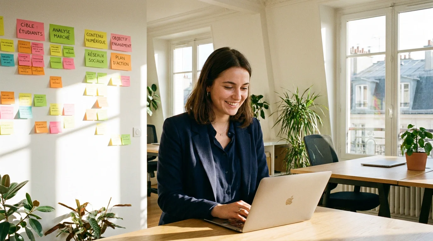 Étudiant en alternance marketing travaillant dans un bureau moderne en France