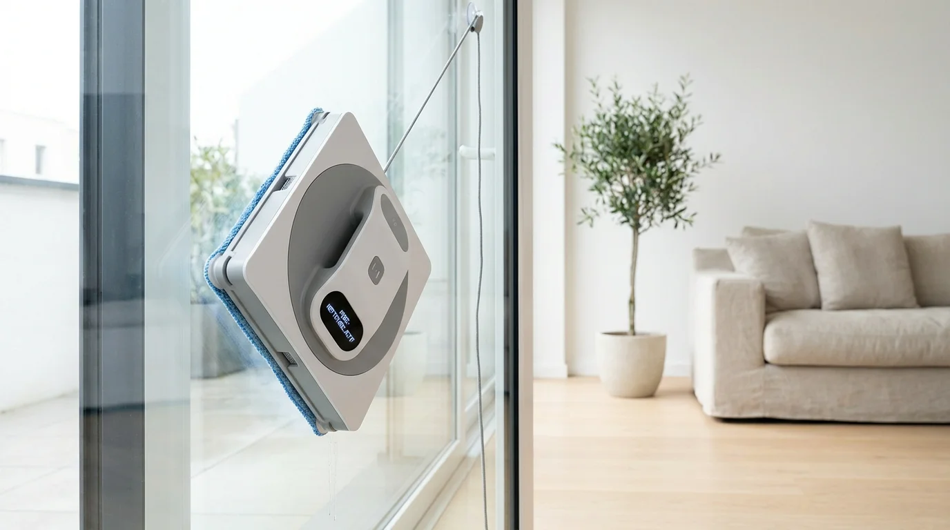 Robot lave-vitre carré fixé sur une grande baie vitrée dans un intérieur lumineux