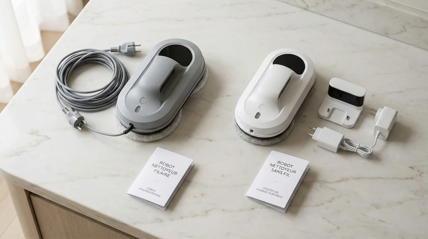 Comparaison entre un robot lave-vitre filaire et un modèle sans fil posés côte à côte