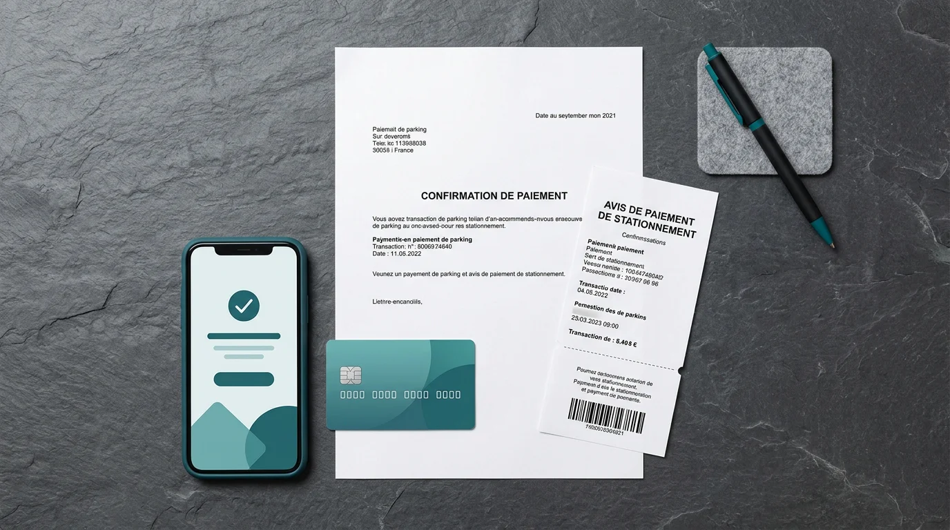 Vue de dessus des documents nécessaires pour payer ou contester un forfait post-stationnement