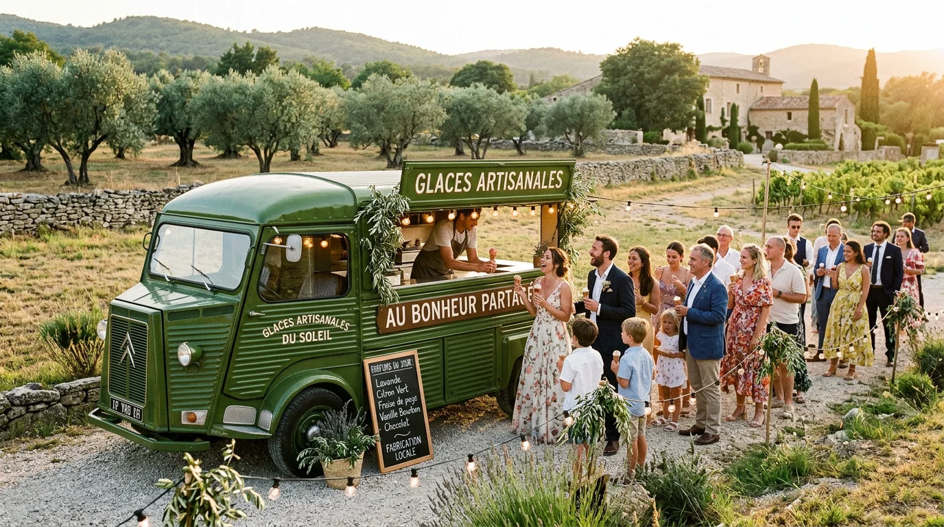 Food truck glacé servant des glaces artisanales lors d'un mariage en Provence