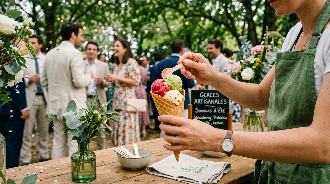Service d'une glace artisanale à la minute devant les invités d'un mariage