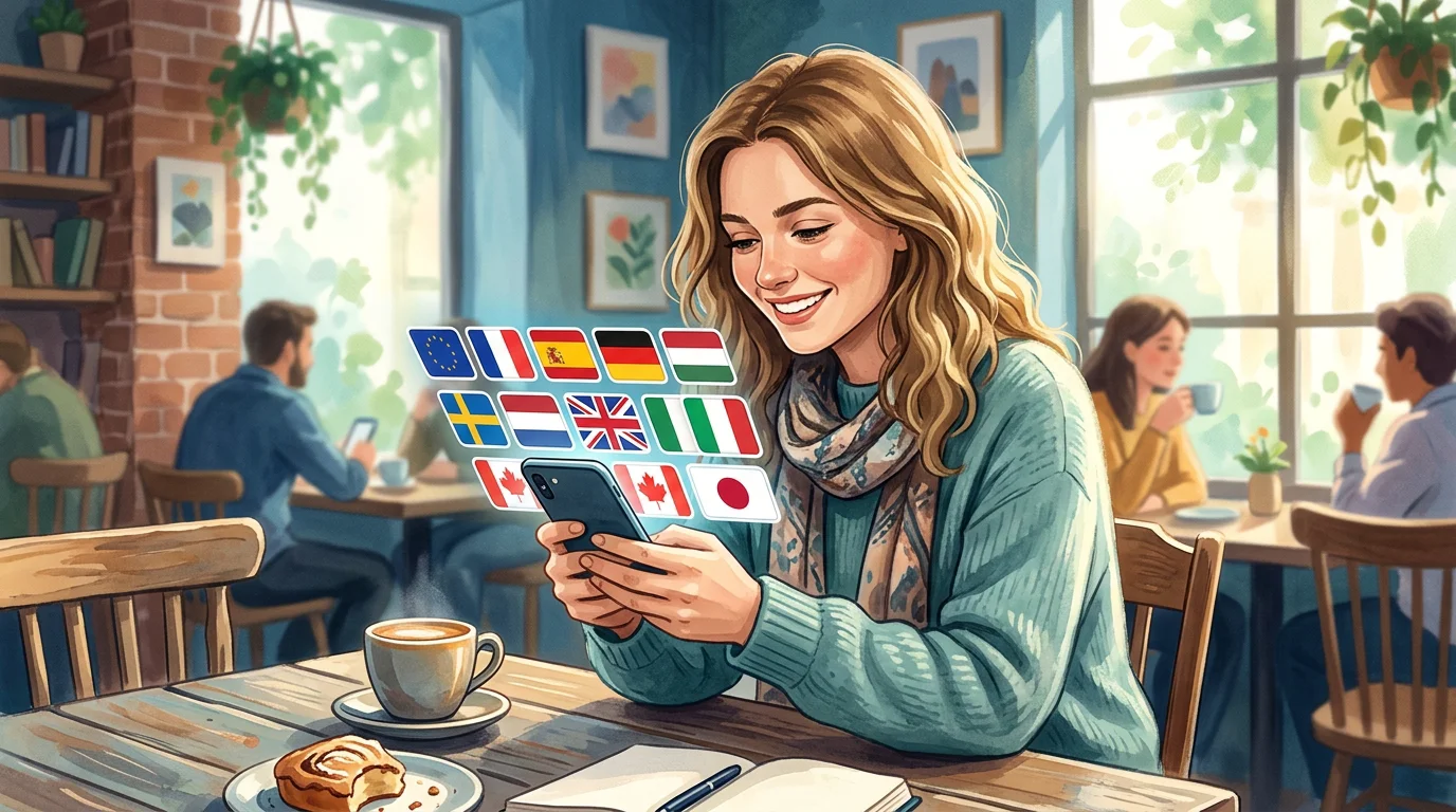Person playing a daily flag guessing game on a phone at a café