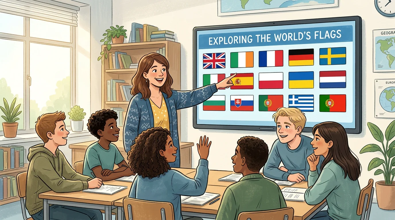 Students and a teacher using a flag quiz as a classroom warm-up