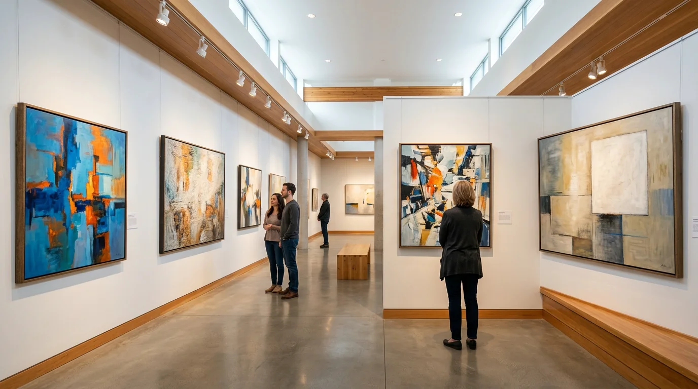 Visitors viewing paintings inside a contemporary art gallery