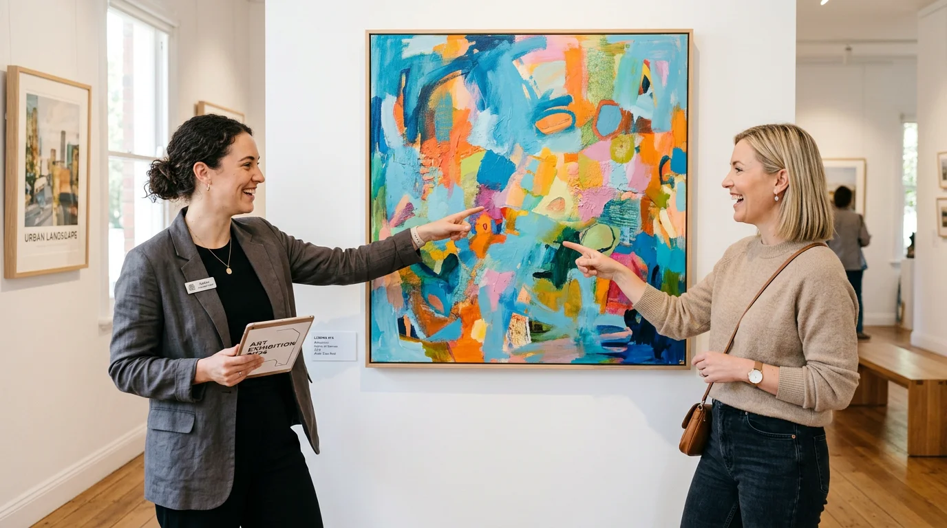 Gallery advisor helping a customer choose an original painting