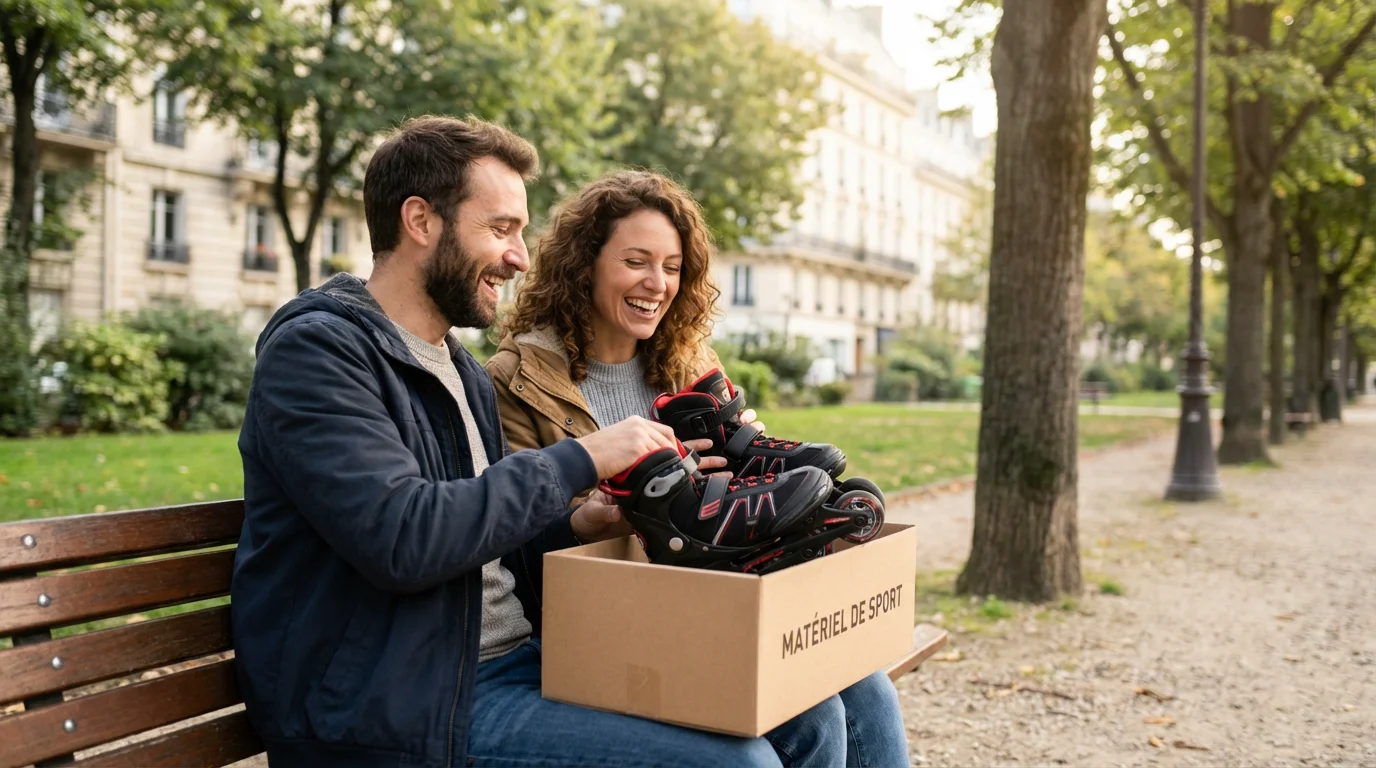 Couple européen déballant des rollers en ligne commandés sur internet dans un parc en France