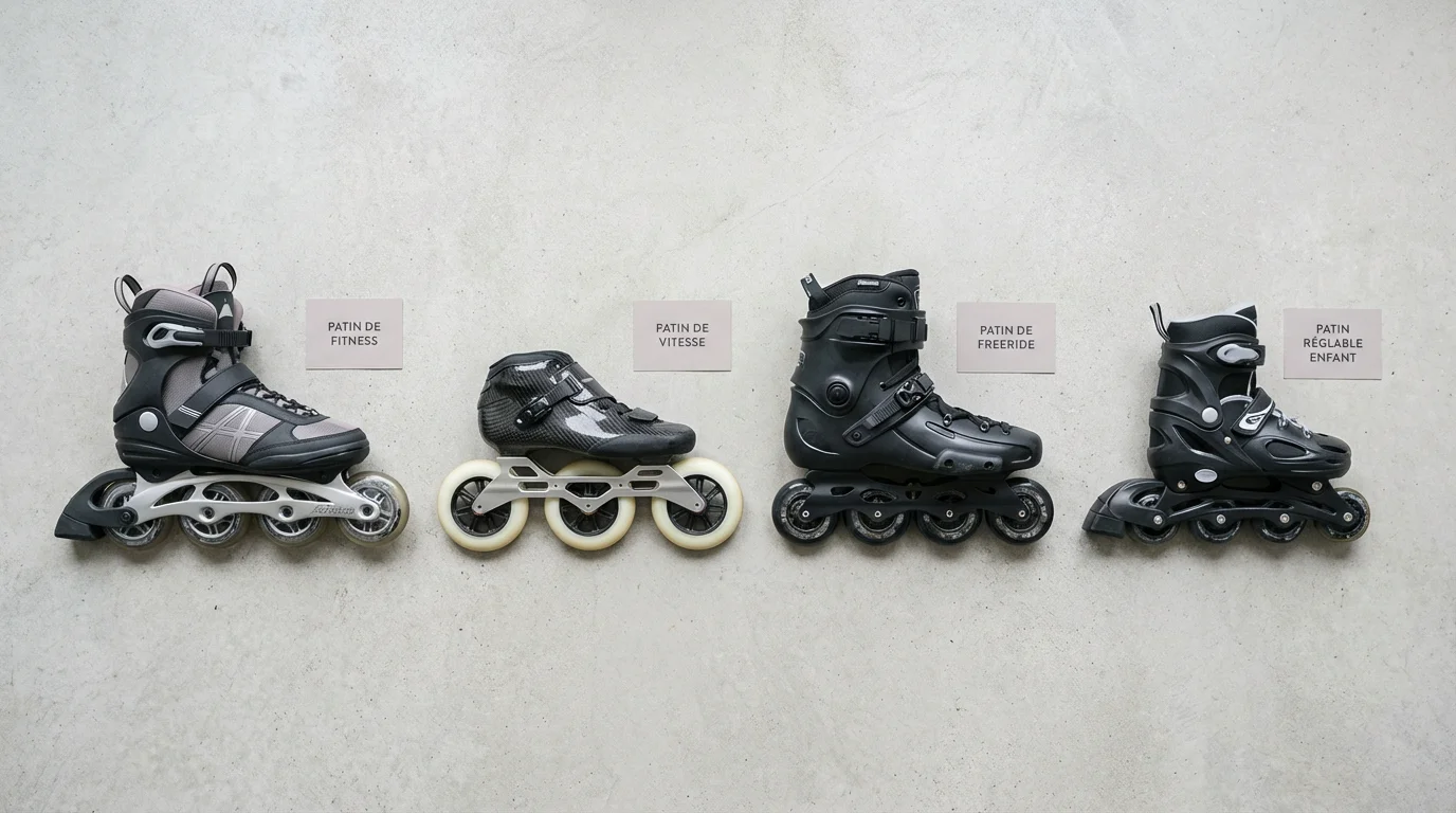 Vue aérienne de quatre types de rollers en ligne posés sur une surface grise : fitness, vitesse, freeride et enfant