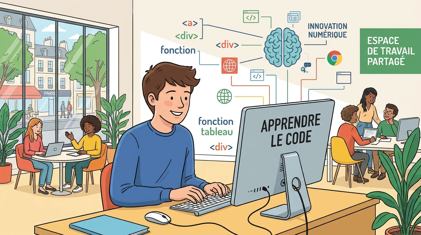 Étudiant développeur web travaillant sur une mission freelance dans un espace de coworking