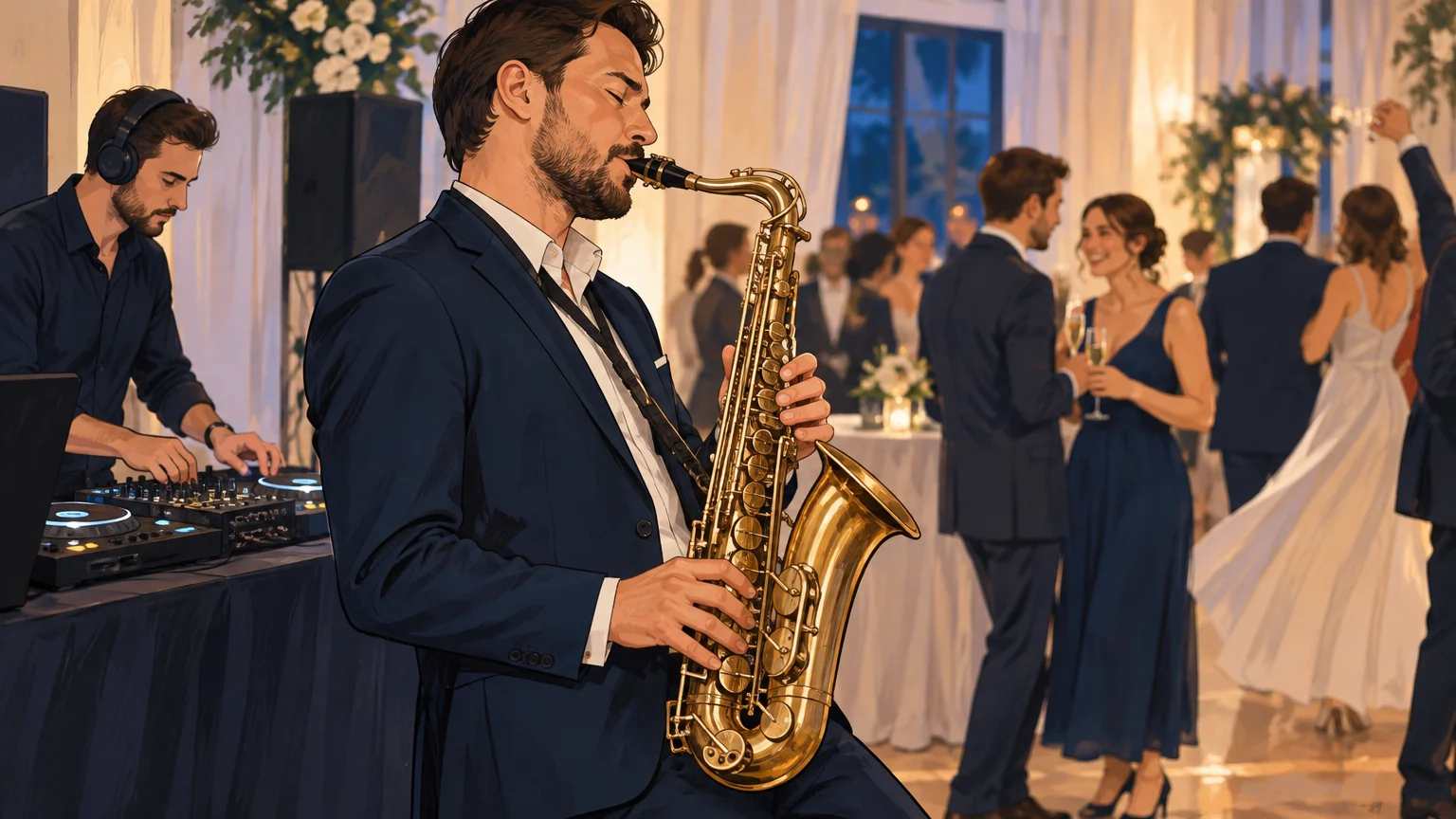 Un saxophoniste joue en direct près d’un DJ pendant un cocktail de mariage