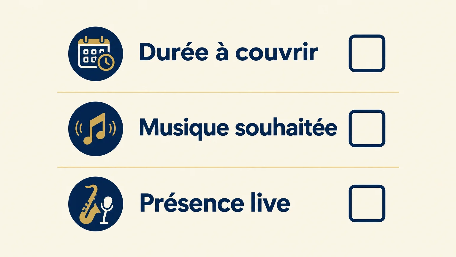 Checklist pour choisir entre DJ seul et saxophoniste seul selon la durée, la musique et la présence live