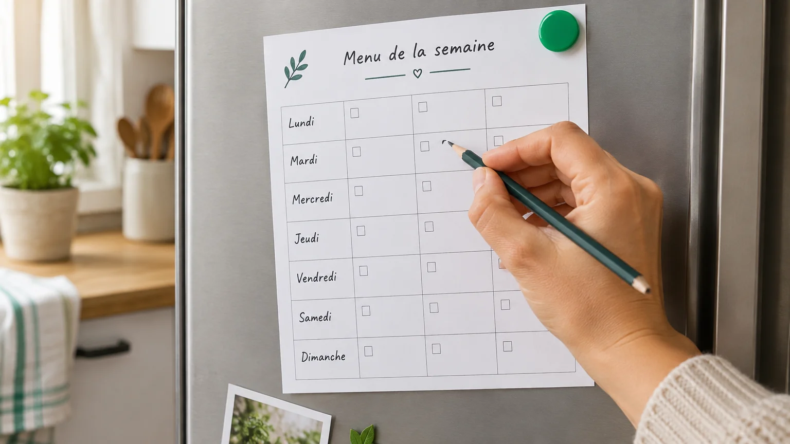 Une main modifie le menu de la semaine affiché sur le frigo