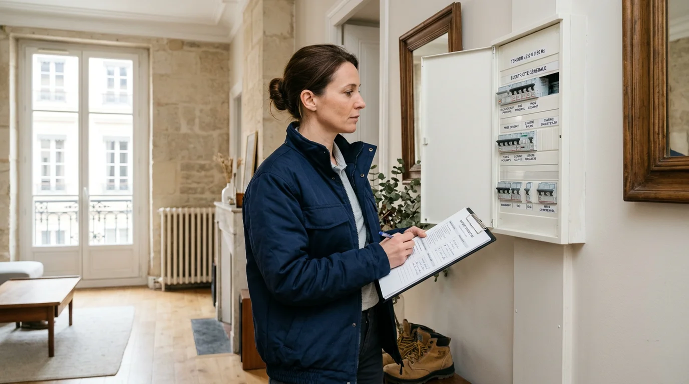 Diagnostiqueur immobilier certifié inspectant un logement avant une vente