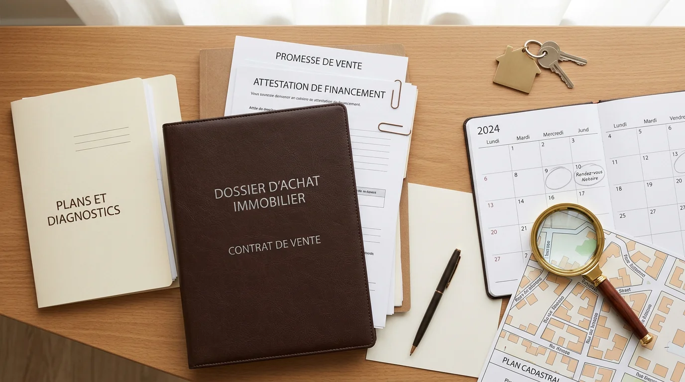Dossier de diagnostic technique et documents de vente immobilière organisés sur un bureau